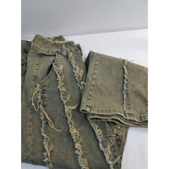 Y2K Denim Jacket & Pants Set Size M Distressed Olive Green Raw Edges Cropped Jac - Picture 3 of 16
